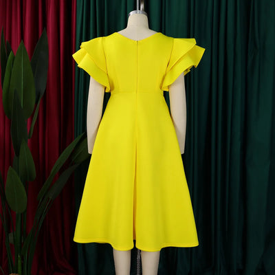 Elegant Party Dresses for Women V Neck Ruffles Sleeve High Waisted A Line Mid Calf Luxury Birthday Dinner Vestidos Mujer Dress
