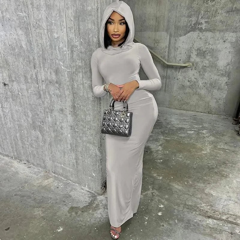 Hooded Long Dress For Women Y2k Clothes Sexy Streetwear Long Sleeve Bodycon Vestidos De Mujer Solid Robe Femme Été Back Split