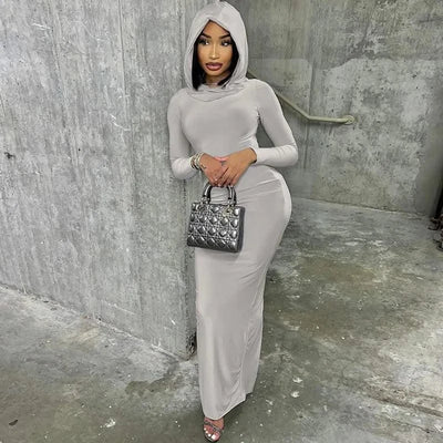 Hooded Long Dress For Women Y2k Clothes Sexy Streetwear Long Sleeve Bodycon Vestidos De Mujer Solid Robe Femme Été Back Split