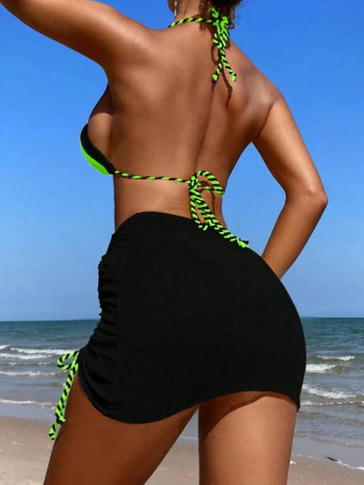 2025 Black Halter String 3 Piece Bikini Swimsuit Women