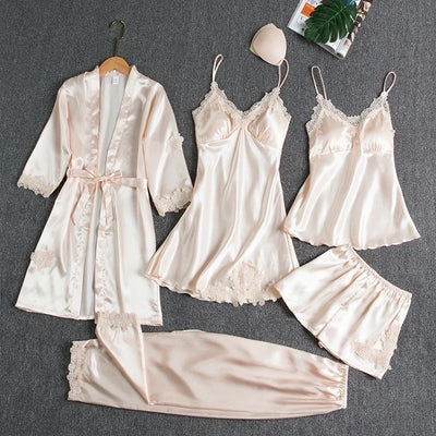 Women's Summer Sexy Pajama Pants Set 5 Pieces Nightgown Nightdress Top Shorts Pants Set Lace Satin Silk Sleepwear Robe Sleepwear