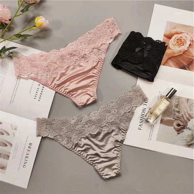 Women Yoga Low Waist Satin Underpants Lace Briefs Fitness Shorts Panties