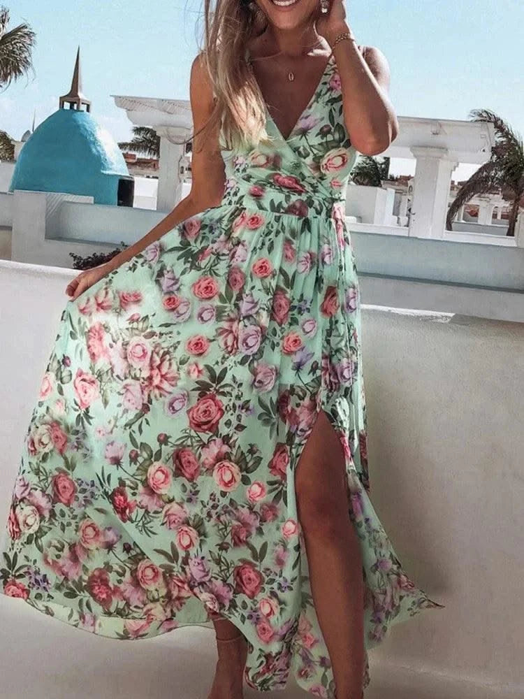Summer Women Dress Floral Print Fashion Slim V-Neck Tie-Up Backless Chiffon Sexy Sleeveless Slit Maxi Cover-Ups Robe Beach Dress