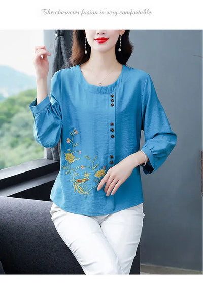 Summer Cotton Linen Embroidery Loose Casual Blouse Lady 3/4 Sleeve Vintage All-match Top Women Fashion Oversized Elegant Shirt