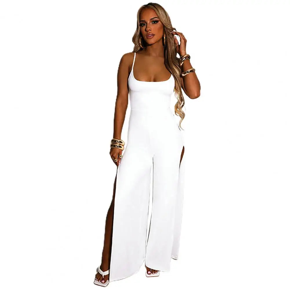 Women Jumpsuit Spaghetti Straps Side High Split Slim Fit Sexy Backless Lace Up Summer Ladies Casual Pants Long Romper Overall