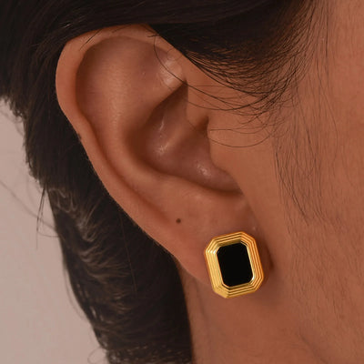 Rectangular Stud Earrings for Women, 18K Gold Plated Statement Earring, Stainless Steel Black Nature Stone Ear Jewelry