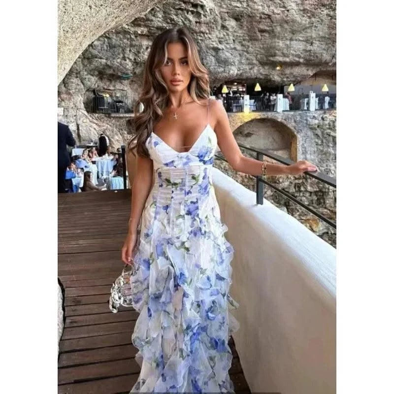 Summer Women Floral Print Party Dress Elegant New Fashion Strap V Neck High Waist Halter Corset Ruffle Evening Long Dress Robe