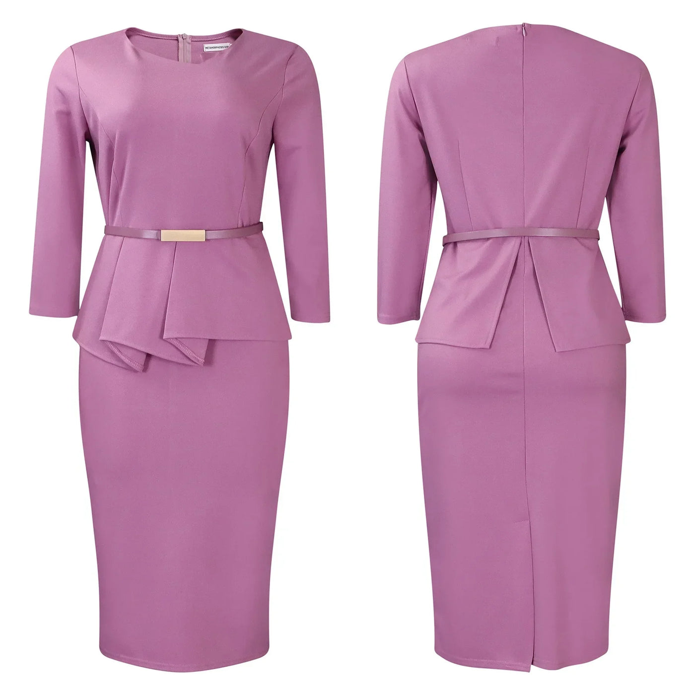 Dress Office Wear for Women Professional Skew Collar Three Quarter Sleeve Belt Waisted Sheath Package Hips Mid Calf Formal Dress