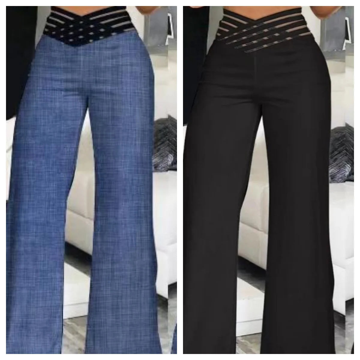 Women Wide Leg Flared Pants Autumn Casual Crisscross Sheer Mesh Patch High Waist Trousers Y2k Streetwear Elegant Work Pant
