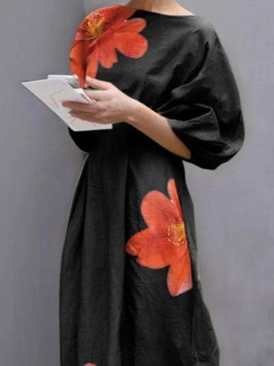 Women's Summer Dresses 2025 Evening Dress Fashion Half Sleeves Loose Flower Print Round-Neck Midi Dresses Female Clothes