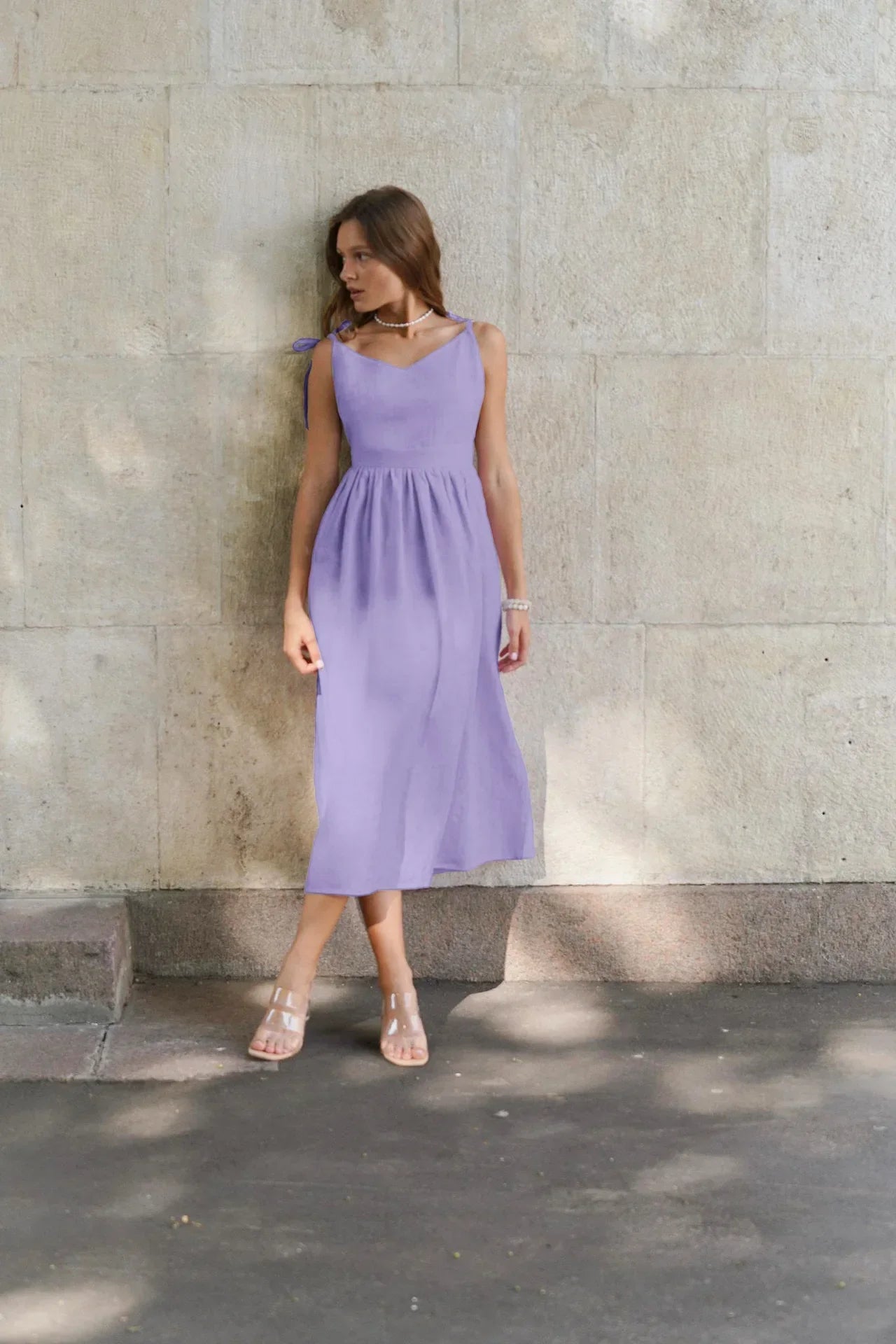 Cotton Linen Solid Color Spaghetti Strap Dresses Women Fashion Leace-up V-neck Backless Beach Vacation Long Dress Female New