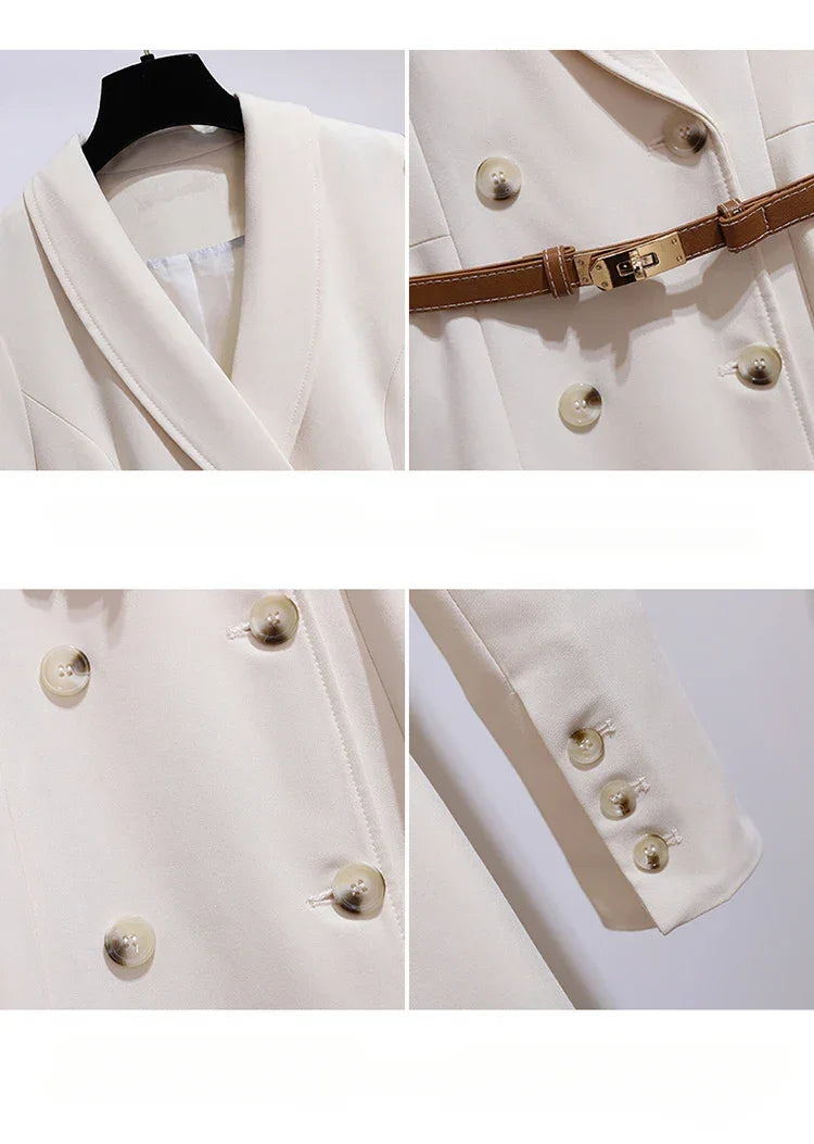 Women's Dress Double Breasted Elegant Dresses for Women 2025 Autumn Off white Dress Belt Knee-Length Solid Fashion Woman Clothes