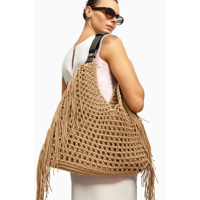 Designer Luxury Tote Bag Women 2025 New Large Capacity Bohemian Style Beach Bag Handmade Woven Hollow Out Tassel Shoulder Bag