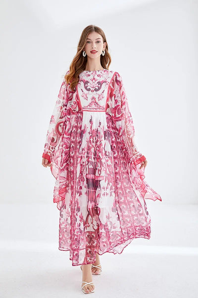 Women Clothing O Neck Flare Sleeve Large Swing Maxi Dress New Summer Bohemian Blue And White Porcelain Print Chiffon Vestidos