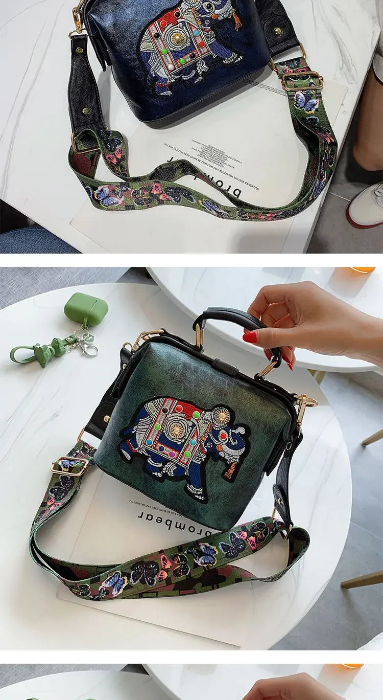Fashion Women Leather Handbag Messenger Bag Purses Satchels Designer Luxury Handbags Crossbody Bags Elephant Embroidered Bags