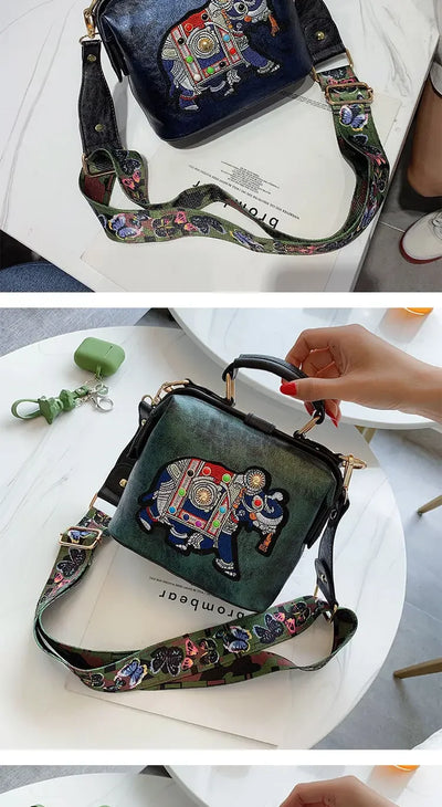 Fashion Women Leather Handbag Messenger Bag Purses Satchels Designer Luxury Handbags Crossbody Bags Elephant Embroidered Bags