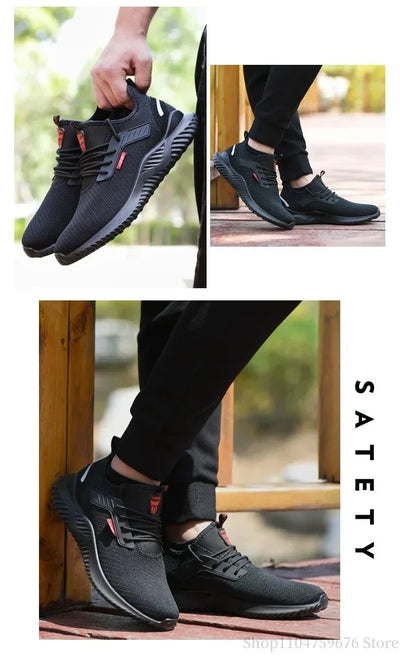 Braided safety shoes for men with steel toe protection, bump-proof, breathable, comfortable, lightweight, durable and safe.