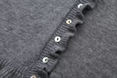 Women Ruffle Gray Knitted Cardigan Outerwears New Autumn Women Long Sleeve Sweater Elegant Button-Down Cardigan