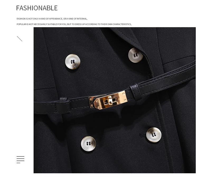 Women's Dress Double Breasted Elegant Dresses for Women 2025 Autumn Off white Dress Belt Knee-Length Solid Fashion Woman Clothes