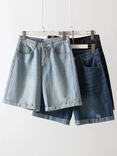 Women Denim Shorts Ripped Wide Leg Black High Waist Short Jeans Straight Leg Blue Denim Shorts For Women Summer Jean Shorts