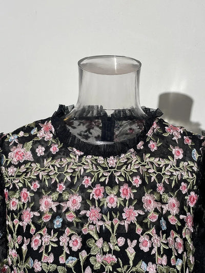 QMQA Fashion Women's Embroidery Dresses Round Neck High Waist Bow Mesh Spliced Long Sleeve Elegant Dress Female 2024 1A102