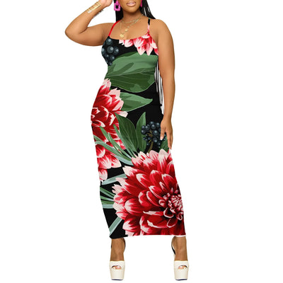 Summer Sleeveless Midi Dress Women Bodycon Floral Print Casual Spaghetti Strap Slim Fit Holiday Beach Wear