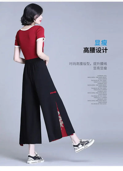 Fashion Women Trousers High Waist Wide Leg Pants Chiffon Slit Culottes Cheap Wholesale Elastic Waist Cropped Pants Free Shipping