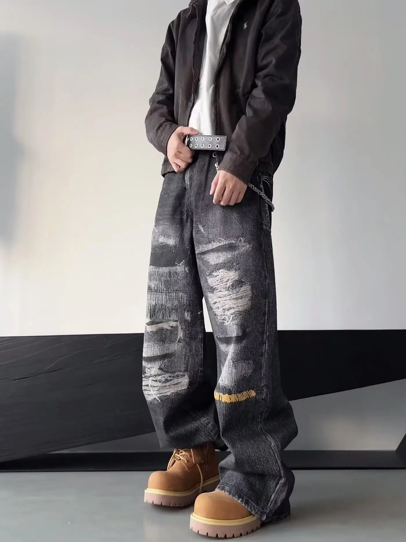 High Street Men's Jeans Trendy Printed Pattern Washed Worn-out Straight Leg Jeans American Style Male Denim Pants Black Jeans