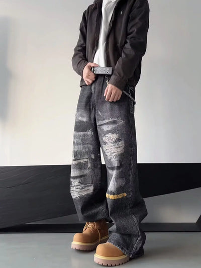 High Street Men's Jeans Trendy Printed Pattern Washed Worn-out Straight Leg Jeans American Style Male Denim Pants Black Jeans