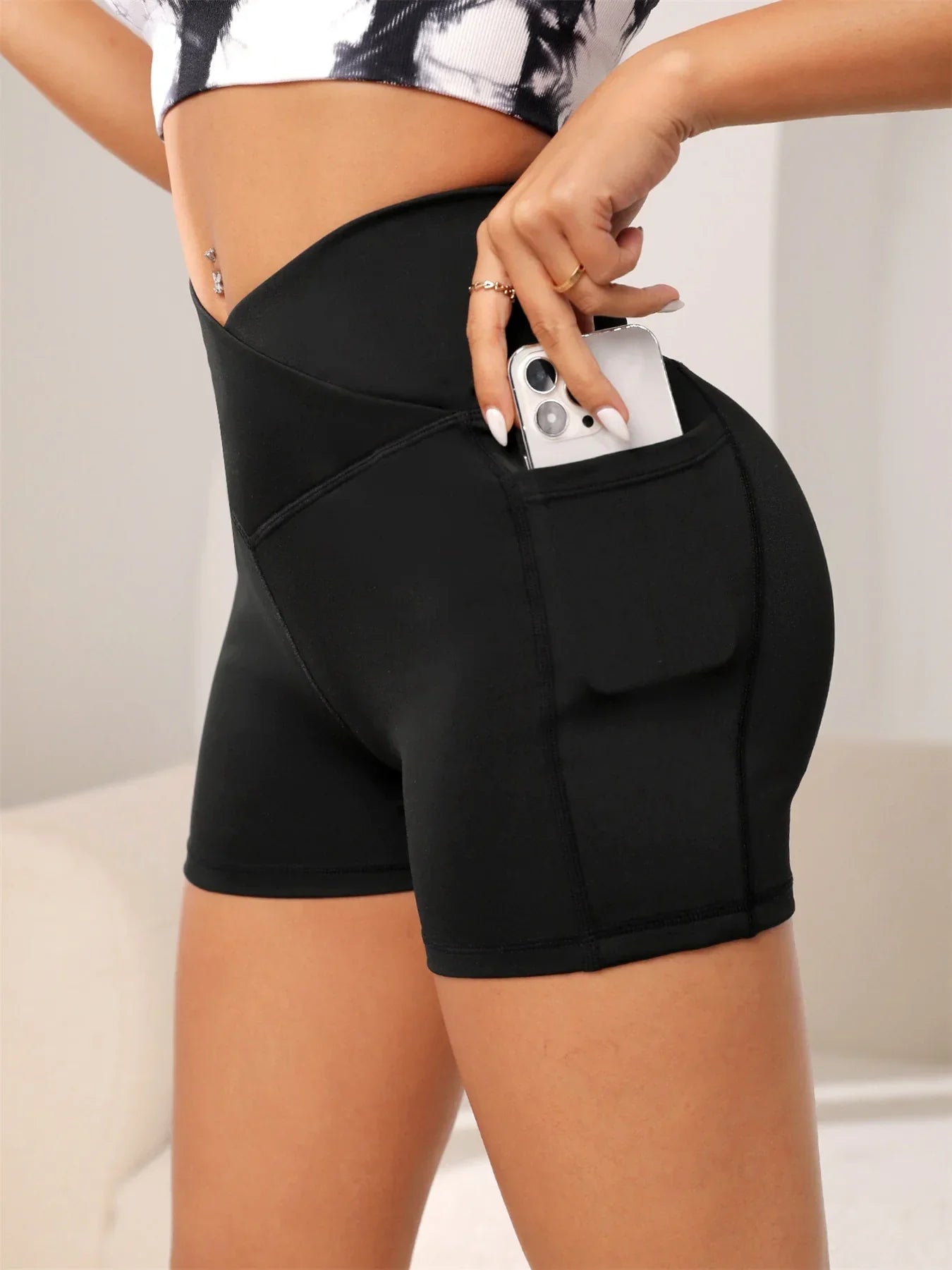 Women's High Cross Waist Biker Shorts Side Pockets Buttery Soft Comfy Criss Cross Running Yoga Athletic Short Pants