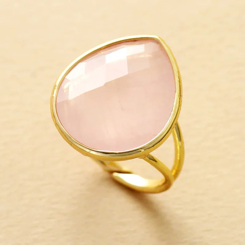 Trendy Waterdrop Big Stone Amethysts Rose Quartz Finger Rings Adjustable Designer Woman Cocktail Ring Wedding Jewelry