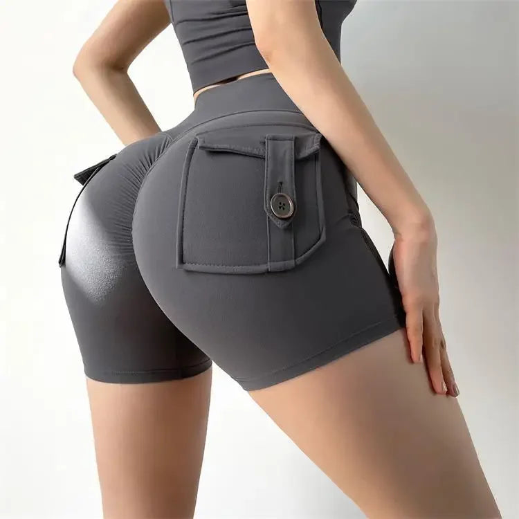 Shorts Women Solid Yoga Pants Pocket Button Short Pant Slim Fit Trousers Wrap Hip Splice Sporty High Waist Lady Summer