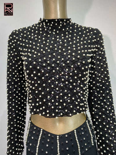 Women Luxury Pearl Sequin Embroidery Bandage Outfits Dress Long Sleeve Crop Top Long Flare Skirt 2 Pieces Set Evening Party