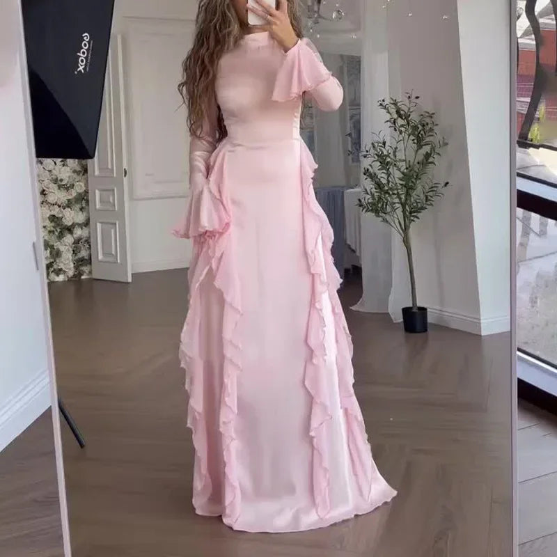 Muslim Women Flare Sleeve Evening Dress Jalabiya Eid Ramadan Arab Long Robe Dubai Ruffle Vestidos Largos Party Dresses Abayas