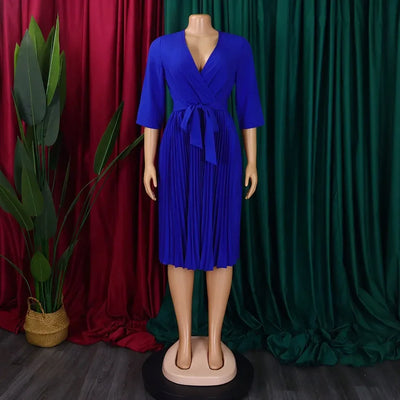 Elegant Office Dresses for Women Professional V Neck Full Sleeve Sashes Pleated Mid Calf Formal Business Work Wear Dress Midi OL