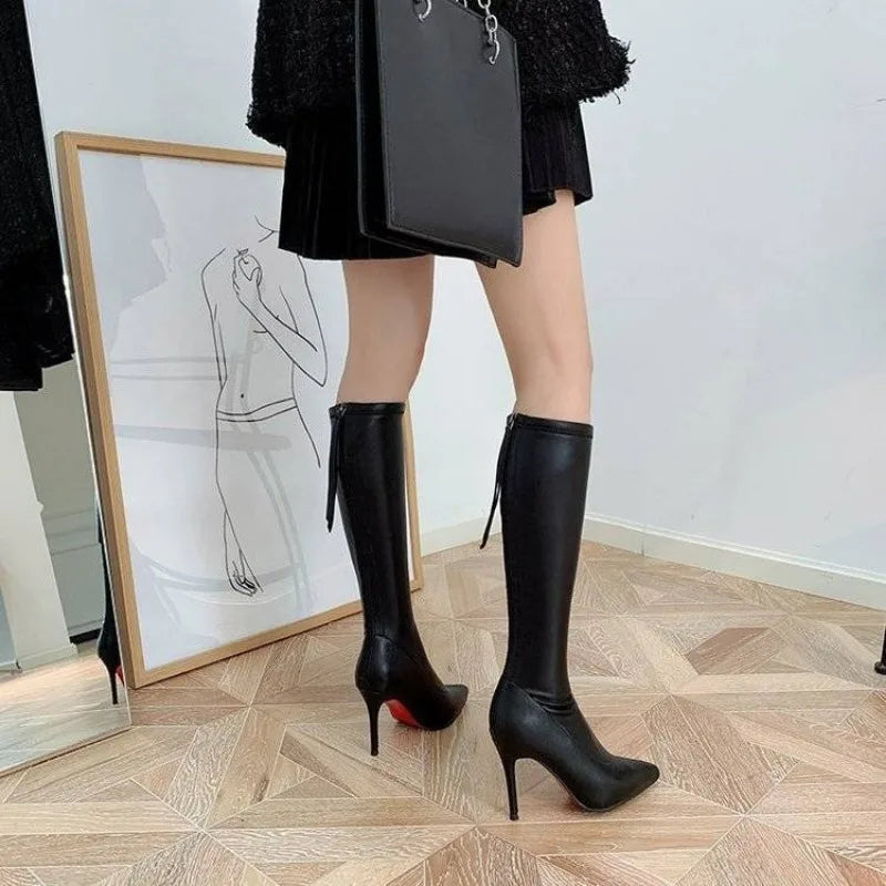 Women's Boots Elegant Heeled Long Footwear Winter Knee High Shaft Heels Shoes for Woman Pointed Toe Tassel Chic Fashion 2024 Hot