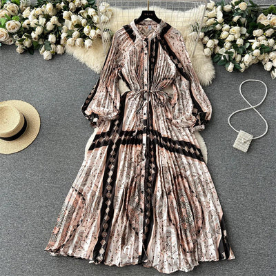 Retro Print Elegant Pleated Lantern Long Sleeve O Neck Single Breasted Dress A-line  Casual High Waist Women Summer Dresses