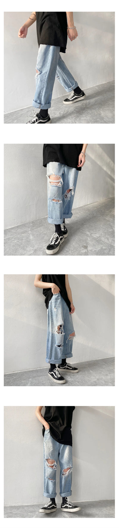 Summer Mens Ripped Jeans Blue Loose Fit Hole Wide-leg Pants Casual Fashion Trousers Streetwear High quality Denim Man Clothing
