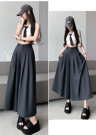 Oversize Wide Leg Pants For Women Gathered Waist Spliced Ruched Casual Solid Long Trousers Female Clothing Summer