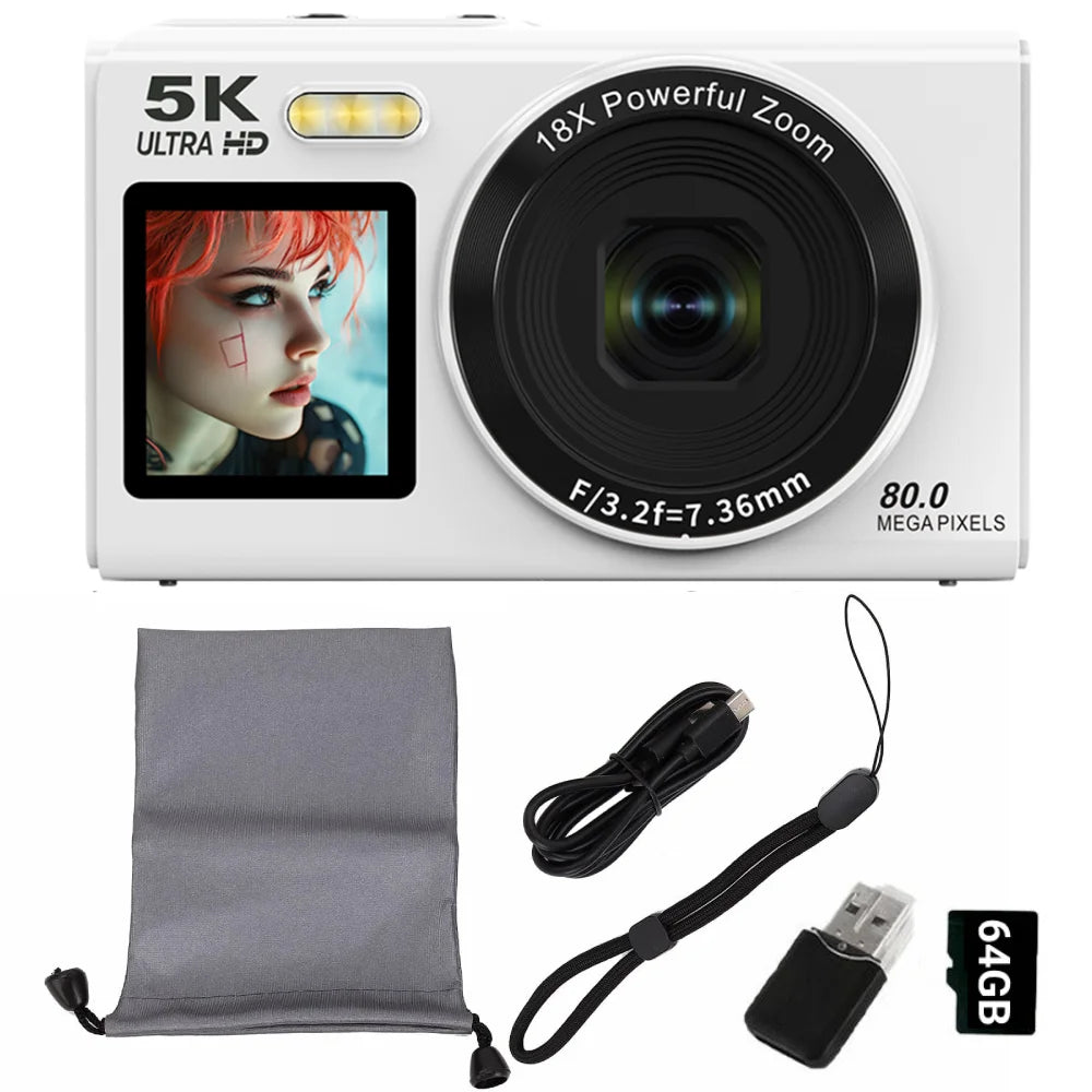 Digital Camera CCD Dual Screen Portable Digital Camera with18X Zoom 5K Vlogging Camera 80MP CCD Selfie Camera with 64GB Card
