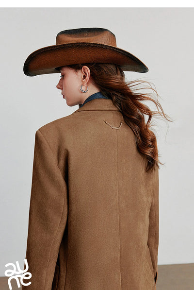 TOYOUTH Women Blazer 2025 Autumn New Barn Style Retro Brown Suede Lightweight Lapel Collar Single Breasted Button Suit Coat