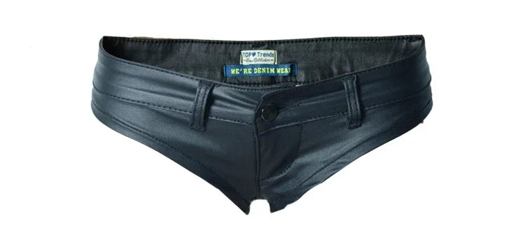 Womens Shorts Nightclub Sexy Low Waisted Elastic Denim PU Faux Leather Button Up Zippered Hot Pants for Women