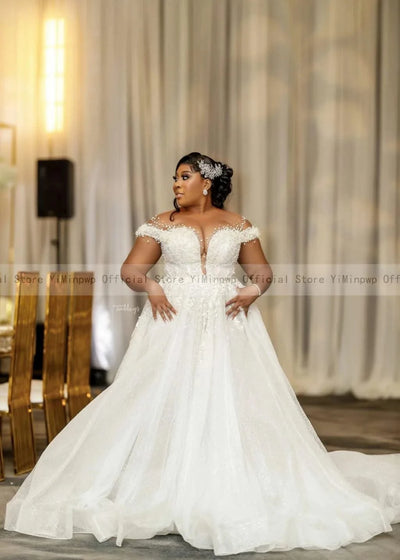 Wedding Dresses for Bride Sheer Neck Lace up Back Sequins Pearls PLUS SIZE ONLY