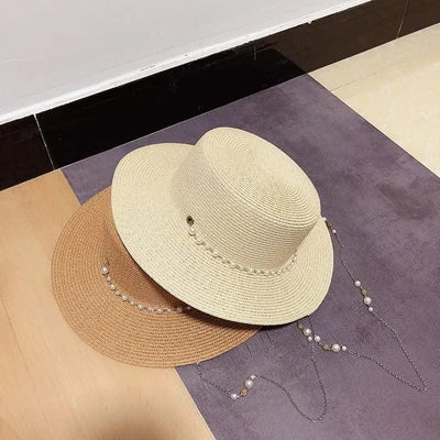 New Women Summer Hats Straw Sun Hat Panama Elegant Straw Fedoras Lady Girl Outdoor Vacation with Pearl Chain Sunshade Beach Hat