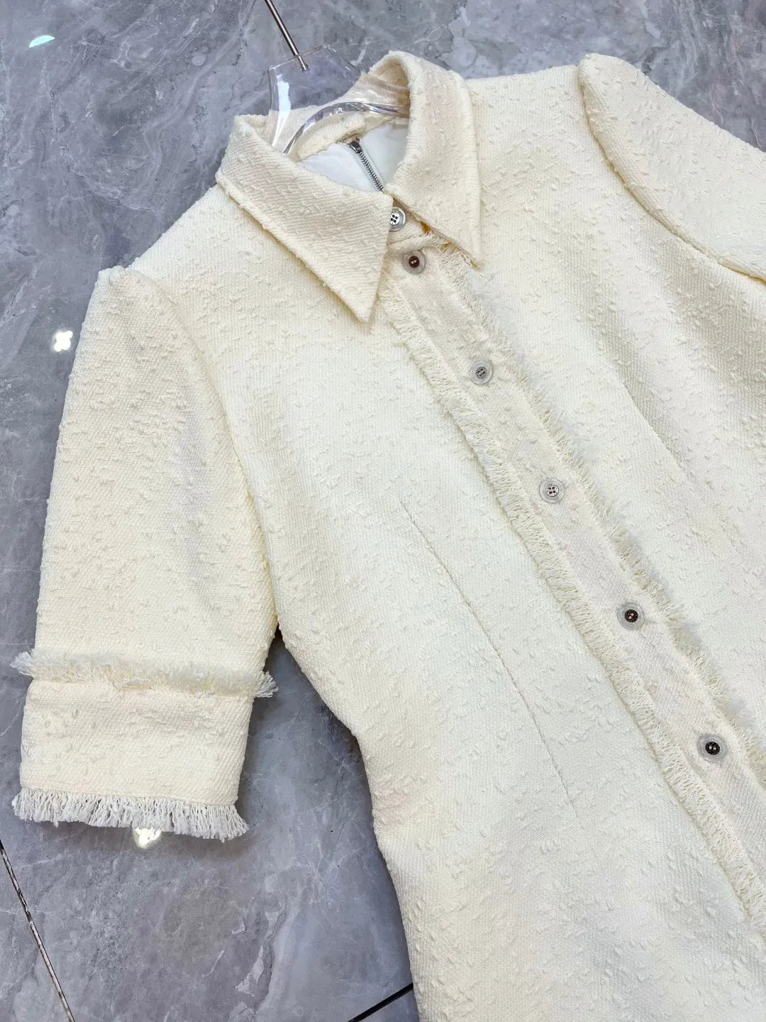 HIGH QUALITY Luxury Designer Autumn Women Cotton Blend  Elegant Tweed Shirt Midi Dress Short Sleeve In White Runway Fashion 2024