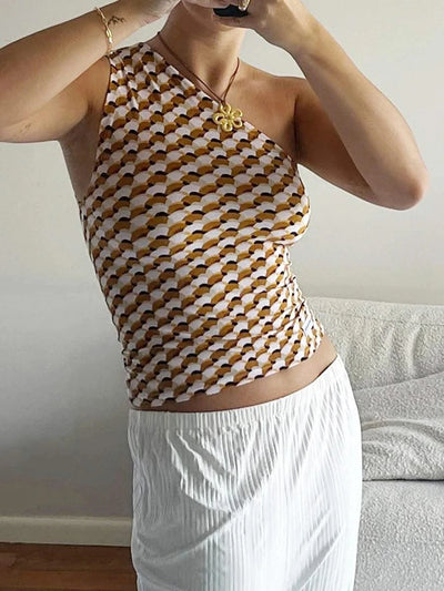 Women's One Shoulder Tops Slim Flower Print Slash Neck Backless
