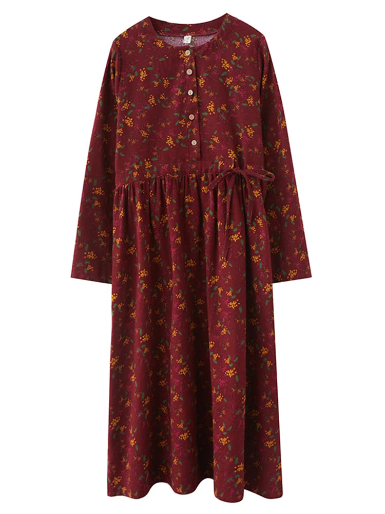 Long Sleeve Cotton Linen Vintage Floral Print Dresses For Women 2025 New Spring Autumn Casual Dress Robe Femme Elegant Clothing