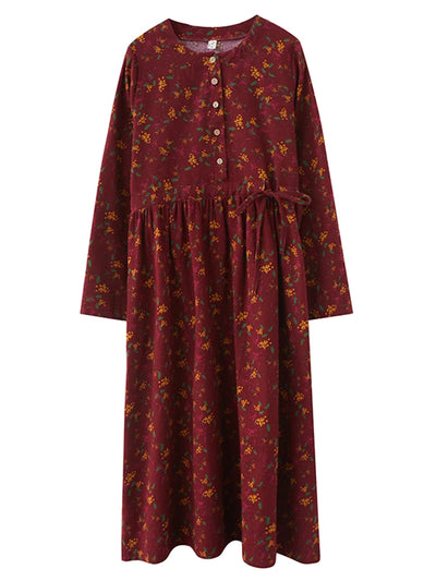 Long Sleeve Cotton Linen Vintage Floral Print Dresses For Women 2025 New Spring Autumn Casual Dress Robe Femme Elegant Clothing