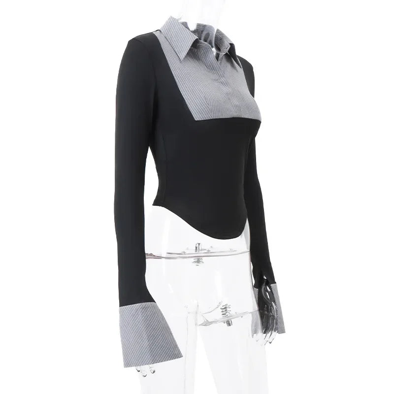 New Women Striped POLO Collar Retro Sexy Spicy Girl Long Sleeved Top Female Clothes 2024 Summer Women's Fashion Skinny T-shirt