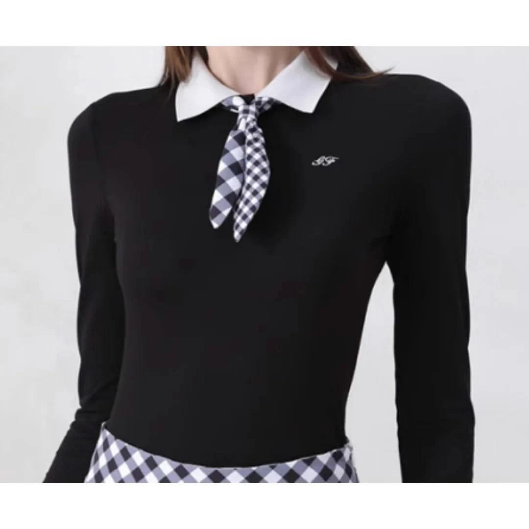 Women's Golfwear for Spring/Autumn Slim-Fit Long-Sleeve Top with Polo Collar and Bow Tie, High-End Golf Hundred-Pleat Skirt Suit